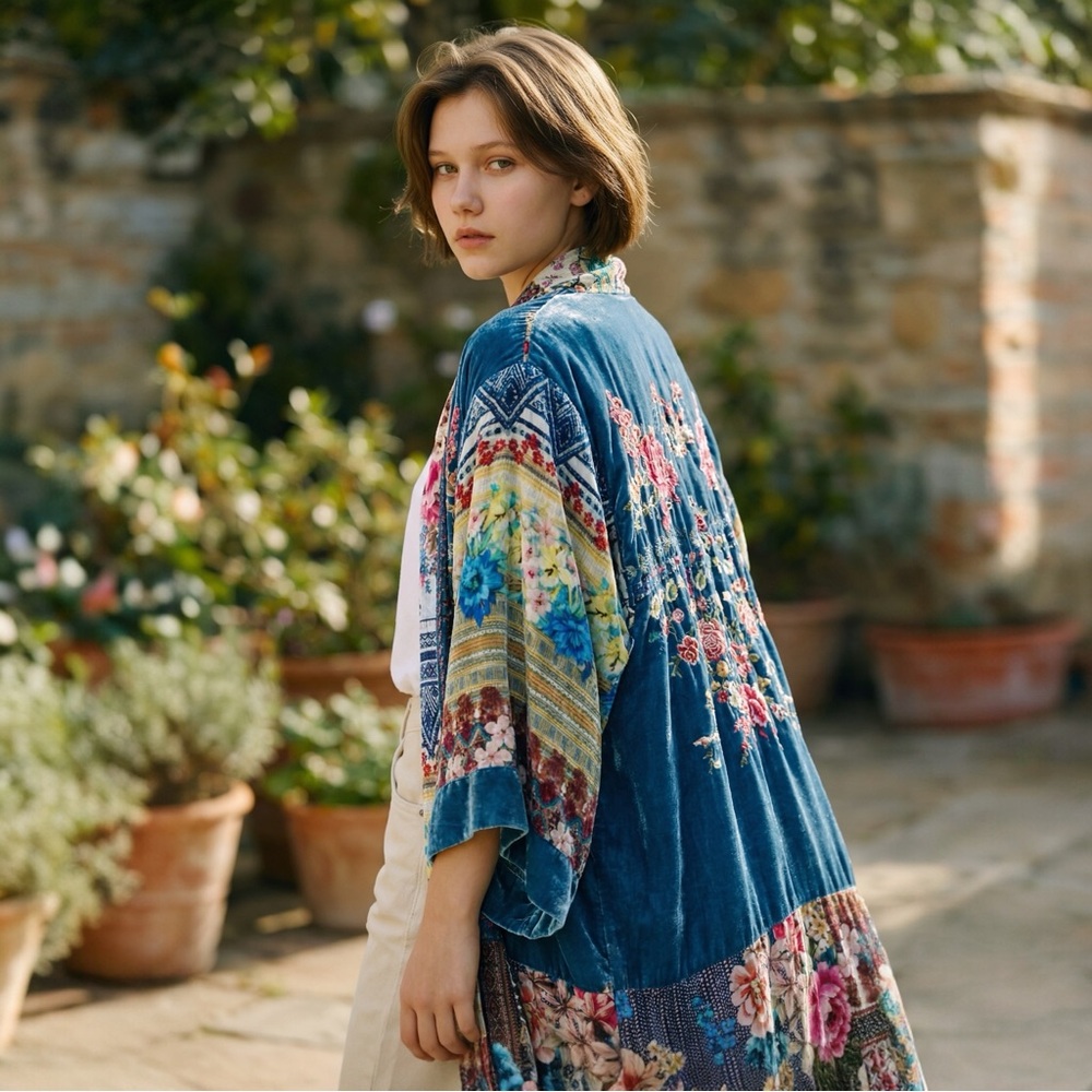 Johnny Was Turquoise Embroidered Velvet Reversible Kimono Sz XL